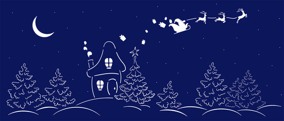 Obraz na płótnie Canvas Christmas sleigh Santa and flying reindeers in the sky. Template with Christmas forest for laser cut. Doodle illustration of little house in the winter woodland.