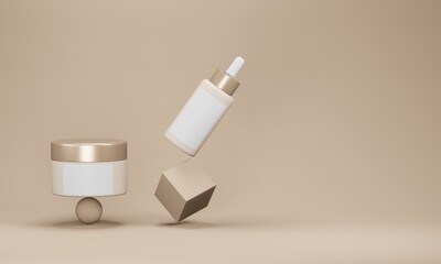 A set of cosmetic bottles for liquid, cream. Cosmetics package, empty templates of plastic containers: dispenser, cream jar, tube. 3d rendering. Banner. Copy space. Place for text. 3D render. Mock up.