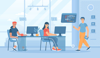 Programming language courses. Mobile app and computer software developing. Hi tech training concept. Flat cartoon vector illustration with people characters for banner, website design or landing page 