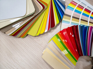 Palette of colors and sample of materials for the production of kitchen furniture. Bright plastic for the of facades