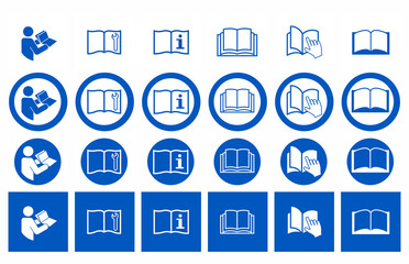 Set of Manual book symbols with hand. Read before use. Refer to instruction manual booklet mandatory signs