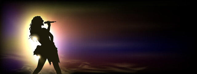 Singer under the glowing multicolor Bright Lights. Original Vector Illustration. Silhouette of a female singing with yellow spotlights in the background. Ideal for Live Music Concept