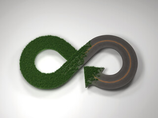 3d rendering of the circular economy infinity symbol showing the transition between artificial and natural