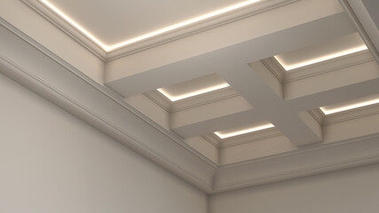 3d rendering of a coffered ceiling with classic molding and linear concealed led illumination - obrazy, fototapety, plakaty