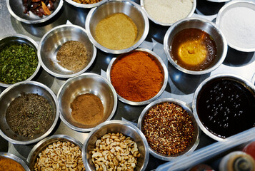 beautiful fragrant indian spices in the kitchen in a restaurant