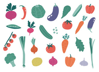Set of cartoon vegetables in flat style. Potatoes, garlic, beet, cabbage, tomatoes, asparagus, pepper, cherry tomatoes, broccoli, radish, onions, cucumbers, eggplant isolated. Vector illustrations