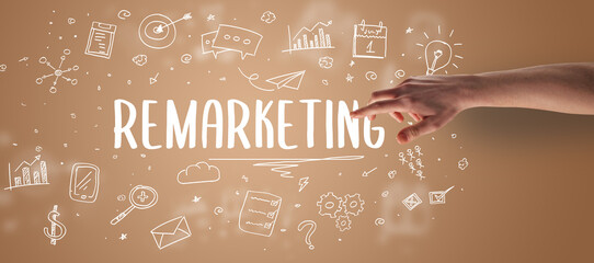 Close-Up of cropped hand pointing at business inscription