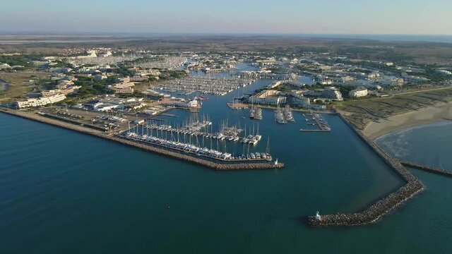 Aerial panoramic drone city scape from above La Grande Motte France	