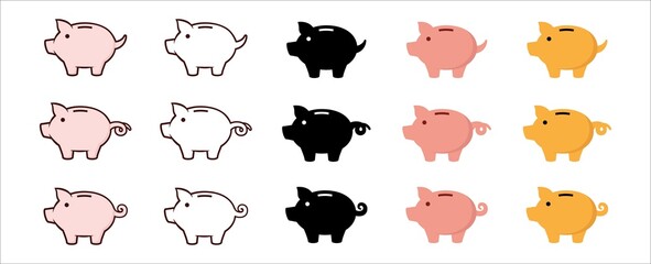 Piggy bank icon set. Cute pig shaped money box with its falling coin. Symbol of money saving or deposit. Assorted different style of baby pig moneybox vector icons design illustration.