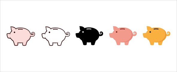 Piggy bank icon set. Cute pig shaped money box with its falling coin. Symbol of money saving or deposit. Curly tailed baby pig moneybox vector icons illustration.