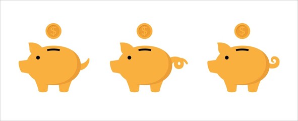 Piggy bank icon set. Cute pig shaped money box with its falling gold coin. Symbol of money saving or deposit. Curly tailed baby pig moneybox vector icons illustration.