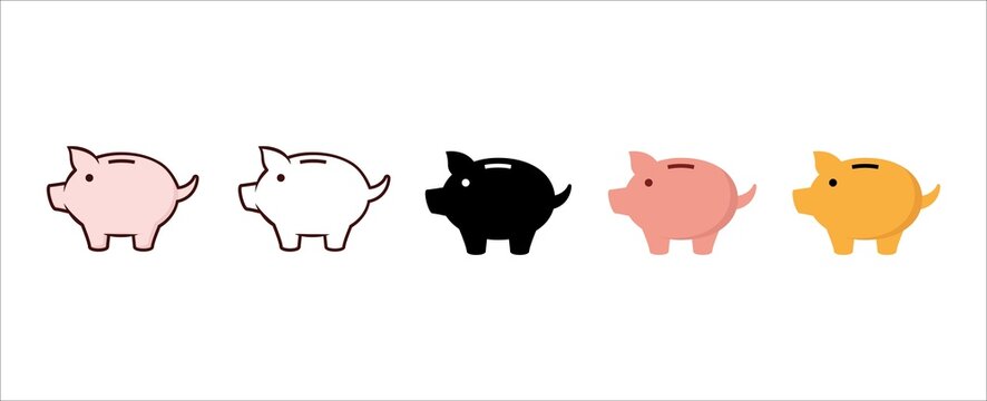 Piggy Bank Icon Set. Cute Pig Shaped Money Box With Its Falling Coin. Symbol Of Money Saving Or Deposit. Straight Up Tailed Baby Pig Moneybox Vector Icons Illustration.