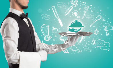 Waiter holding silver tray with food icons above