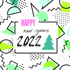 Happy New Year 2022 banner. Abstract winter holiday background with Christmas tree. Christmas greeting card with handwritten lettering in 90s geometric style