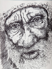 Hand drawing portrait of a lonely old upset man. The sketch is made by a liner