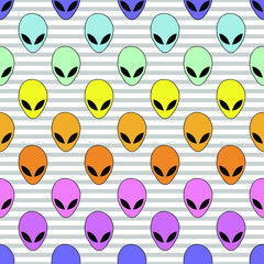 Seamless pattern in light gray and white a thin strip bright rainbow alien head.