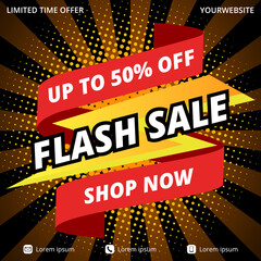 Flash sale banner with a lightning strike and ribbon illustration