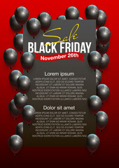 Black Friday Sale 3d realistic banner with balloons and confetti. Modern minimal design with gold, black and red flat background style. Template for promotion, advertising, web, social and fashion ads