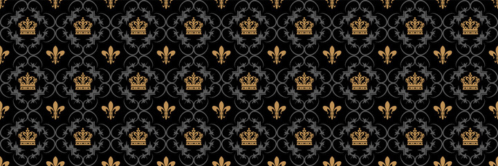 Vintage background pattern in royal style with golden decorative ornaments on black background for your design. Seamless background for wallpaper, textures.