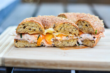 Egg sandwich on bread in natural light .