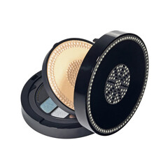 Open cosmetic set with eye shadows and makeup powder in black round case