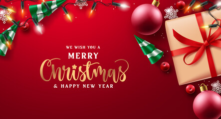 Fototapeta na wymiar Merry christmas vector background design. Christmas greeting text with gift present, balls, and xmas lights element for holiday season card decoration. Vector illustration. 