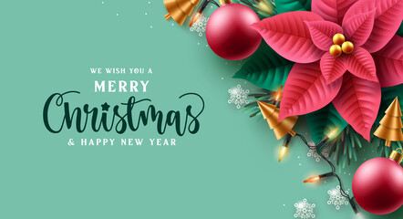 Fototapeta na wymiar Christmas vector background design. Merry christmas greeting text with xmas light and poinsettia element for holiday season card decoration. Vector illustration. 