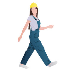 Walking young woman wears a blue overall and yellow helmet. Vector flat style illustration isolated on white