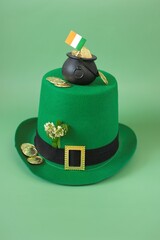 Saint Patrick background. St.Patrick 's Day.Green leprechaun hat,flag of Ireland,gold decorative...
