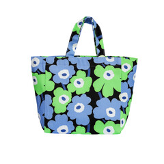 Colorful floral tote bag isolated on white background.