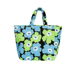 Colorful floral tote bag isolated on white background.