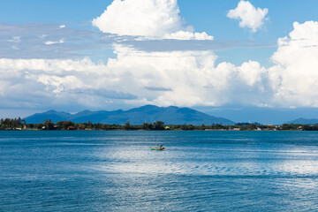 Beautiful landscape with boats and sea , view seascape bay with mountains . 