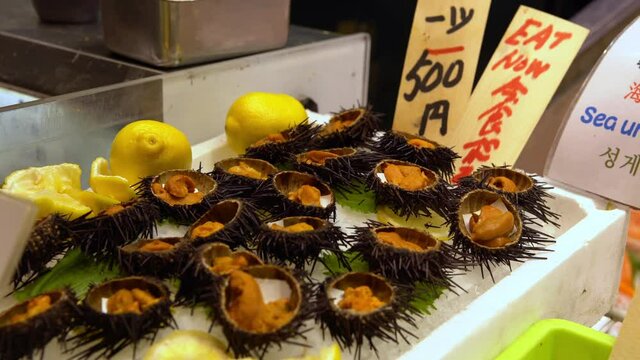 Famous golden egg urchin open and ready to eat on ice in Kyoto fish market. Fresh uni seafood from the Pacific ocean is a popular dish of Japan. The best of traditional Japanese food street.-Dan