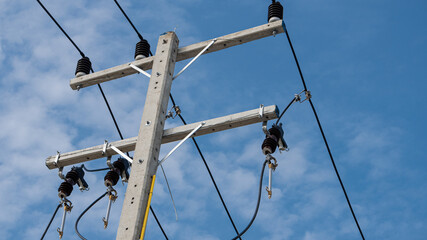 Electric poles on each pole Energy for communities and families, internet, cable TV, transformers...