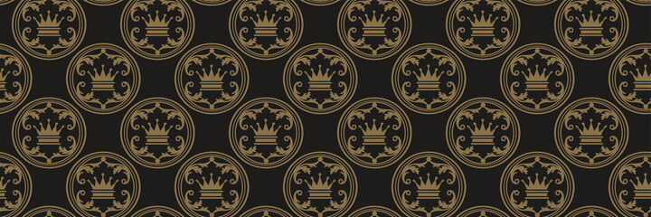 Beautiful background image in royal style with golden elements on black background for your design. Seamless background for wallpaper, textures.
