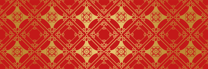 Background image in Chinese style with gold decorative ornament on red backdrop for your design. Background for wallpaper, textures