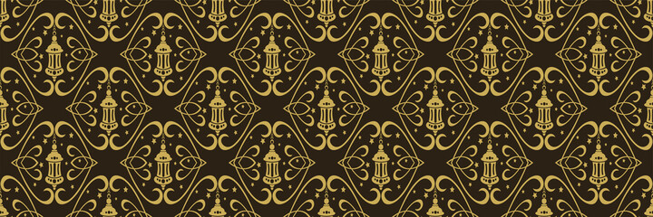 Background image in Arabic style with golden lamps on black background for your design. Seamless background for wallpaper, textures.