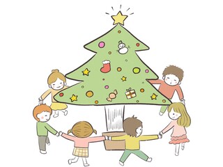Obraz na płótnie Canvas クリスマスツリーを囲むかわいい笑顔の子供達