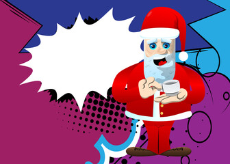 Santa Claus in his red clothes with white beard holding a cup of coffee. Vector cartoon character illustration.