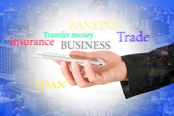 Businessman's hand holding a phone, background, text, banking and investment finance