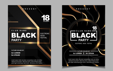 Cover music poster flyer design template background with layout gold glitters color on dark style. Light electro vector for event festival concert, dancing, disco, night club invitation