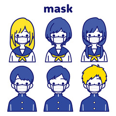 人物イラストセット_学生_マスク_ビタミンカラー
