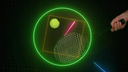 Animation of neon scanner processing data tennis player hitting ball with racket - Powered by Adobe