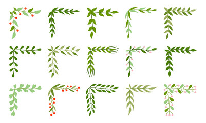 Corner border black flat set. Geometric frame for vintage floral monogram signboard. Text decorative sign. Natural spring heraldic pattern stroke decoration postcard botanic symbol isolated on white