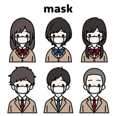 人物イラストセット_学生_マスク