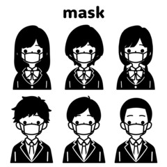 人物イラストセット_学生_マスク_モノトーン