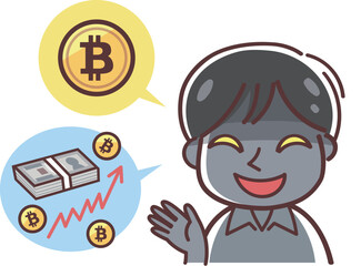 ビットコインの説明をする詐欺師のイラスト（ビットコイン詐欺・もうけ話・誘う）