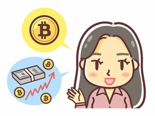 ビットコインの説明をする女性のイラスト（もちかける・誘う）