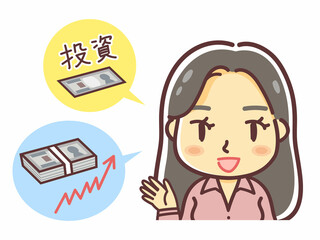 投資の説明をする女性のイラスト（もちかける・誘う）