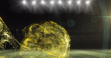 Animation of golden particles moving over floodlit room